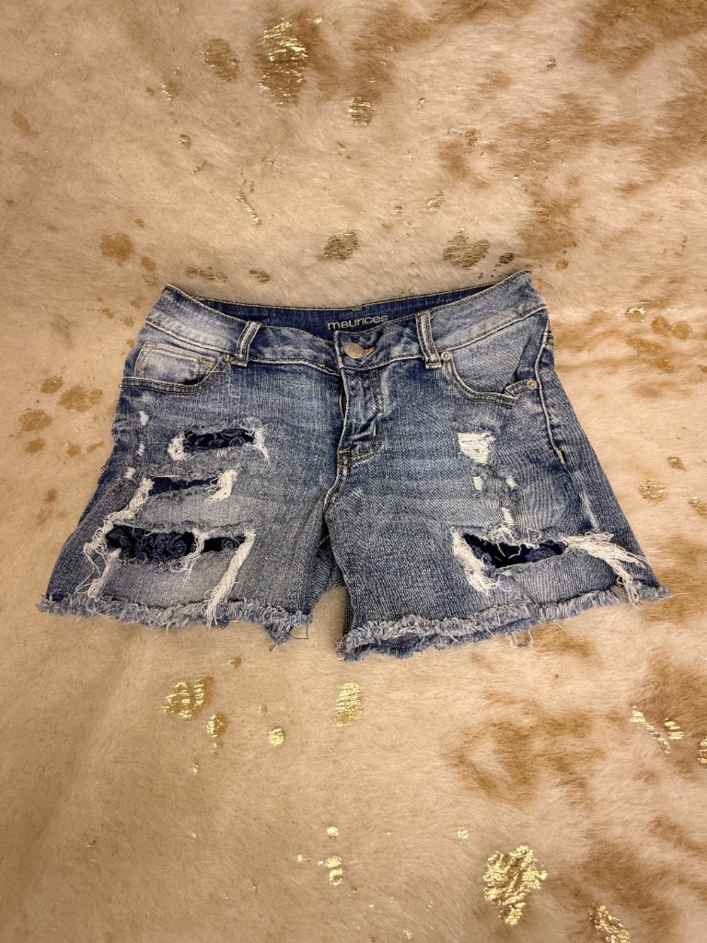 Maurices Distressed Lace Backed Denim Shorts Medium Wash Cutoffs Size 1/2